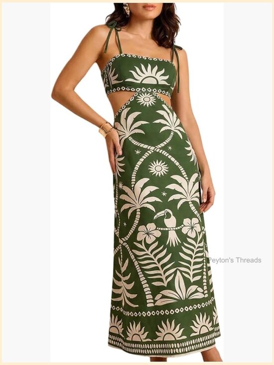 Dresses & Skirts - Tropical Cut Out Maxi Dress Spaghetti Strap Backless Back Tie